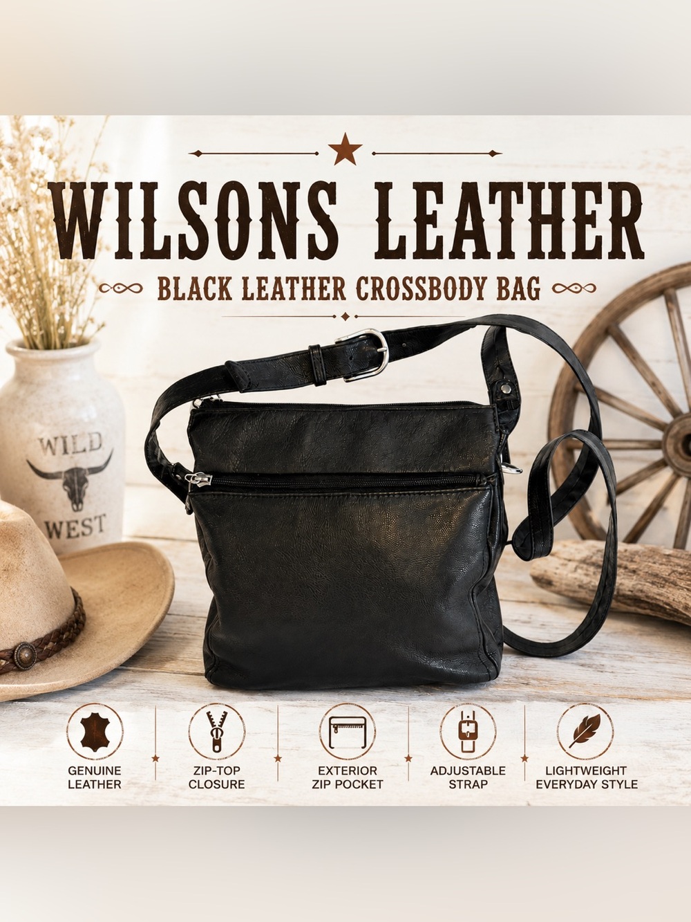Wilsons Leather Black Leather Crossbody Shoulder Bag Adjustable Strap
